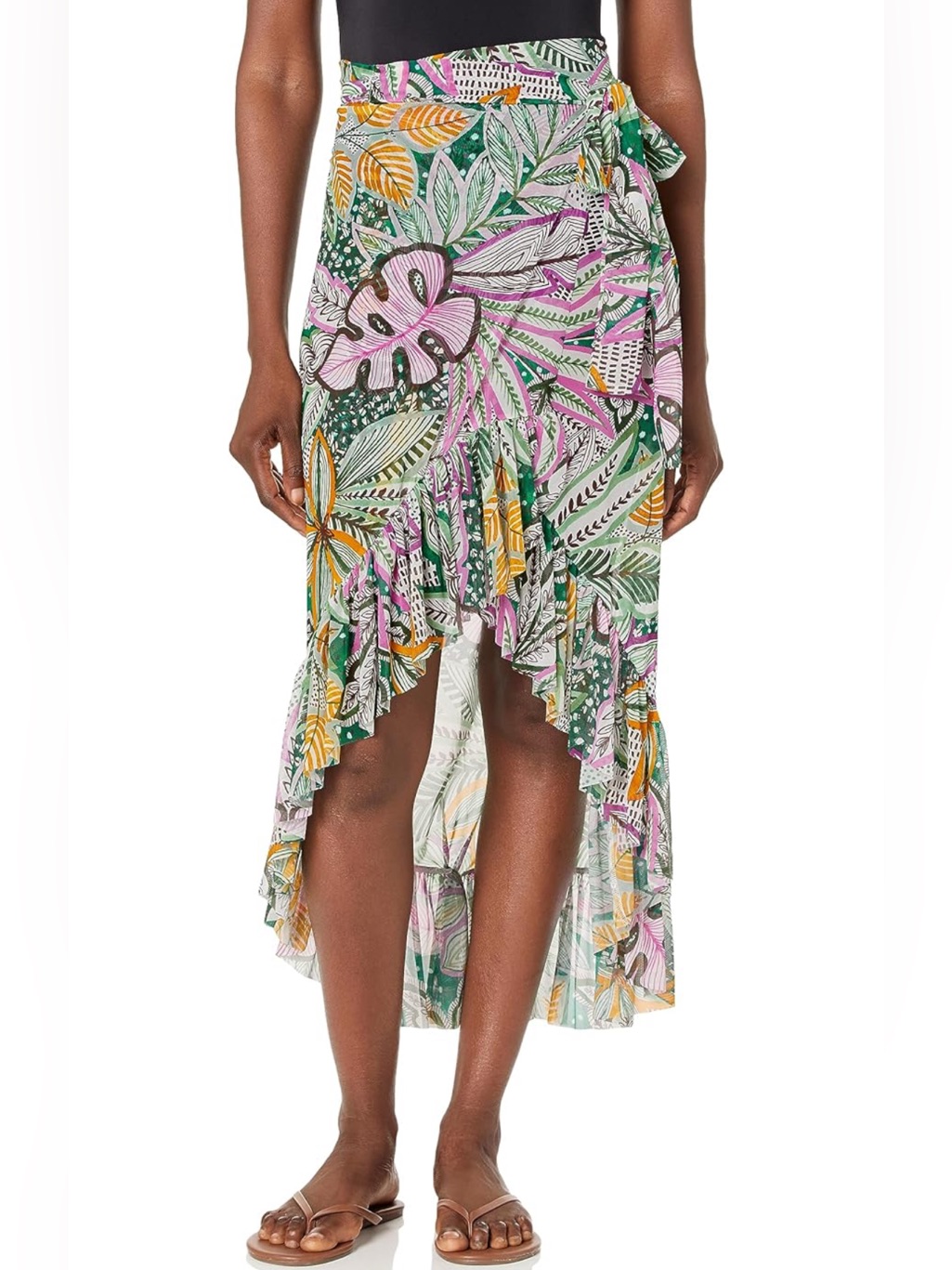 Profile By Gottex Tropical Wrap High-Low Skirt In Green, Pink And Yellow